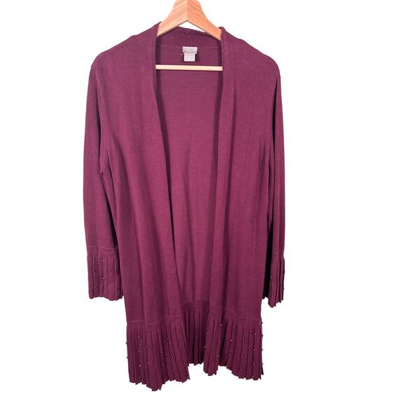 Chico's Women Size 2 Large Burgundy Pleated Beaded Open Front Cozy Knit Cardigan - Picture 1 of 10